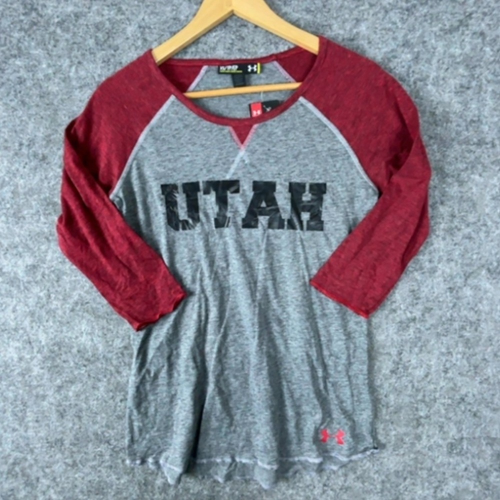 Under Armour Utah Utes Raglan Tee Womens XS Grey Red 3/4 Sleeve Graphic Top